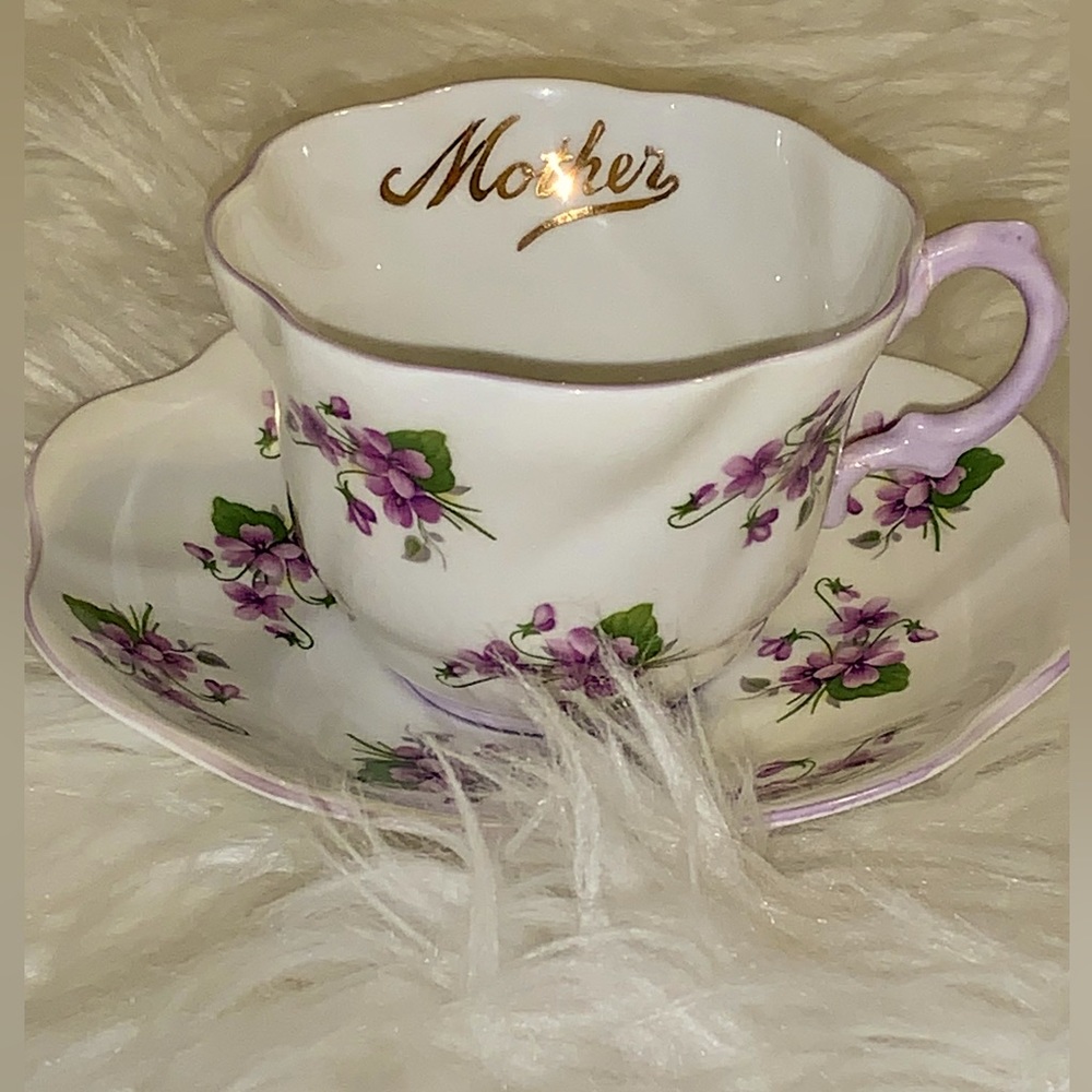 Rosina Fine Bone China "Mother" Tea Cup & Saucer Purple Floral Design Made In En